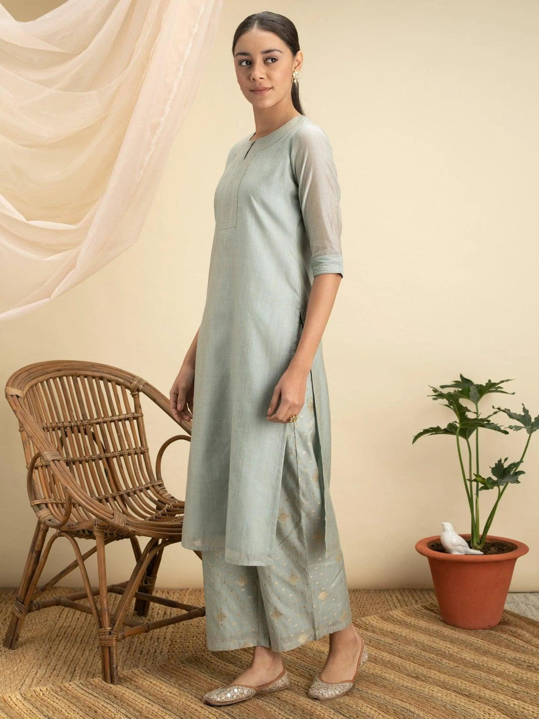 Grey Self Design Chanderi Silk Kurta Set - ShopLibas