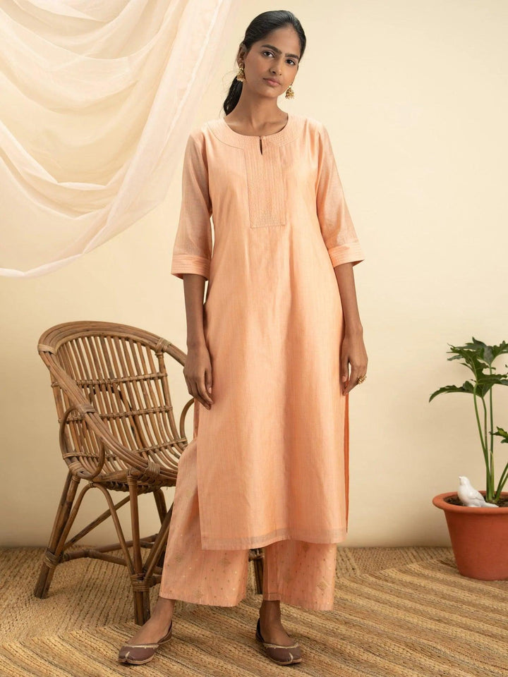 Peach Self Design Chanderi Silk Kurta Set - ShopLibas