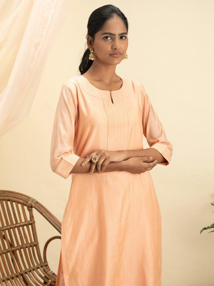 Peach Self Design Chanderi Silk Kurta Set - ShopLibas