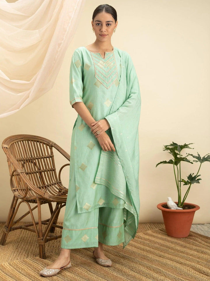 Green Self Design Silk Suit Set - ShopLibas