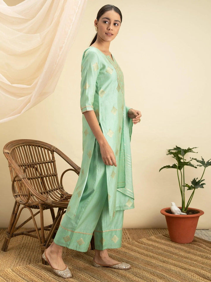 Green Self Design Silk Suit Set - ShopLibas