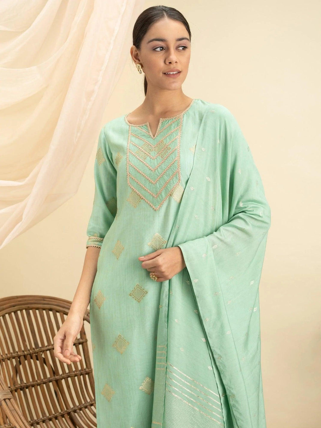 Green Self Design Silk Suit Set - ShopLibas