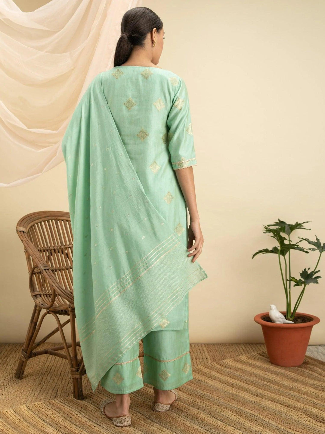 Green Self Design Silk Suit Set - ShopLibas