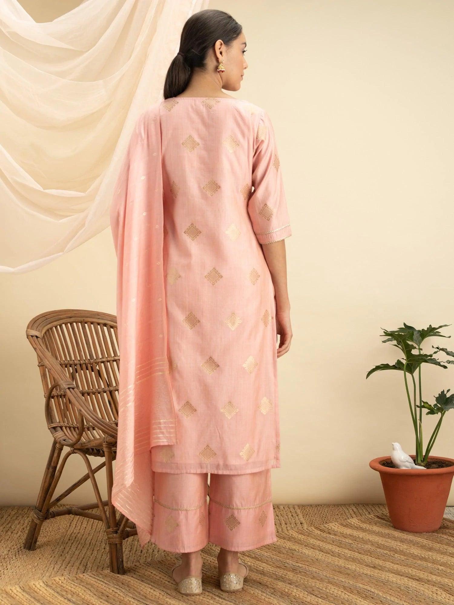 Pink Self Design Silk Suit Set