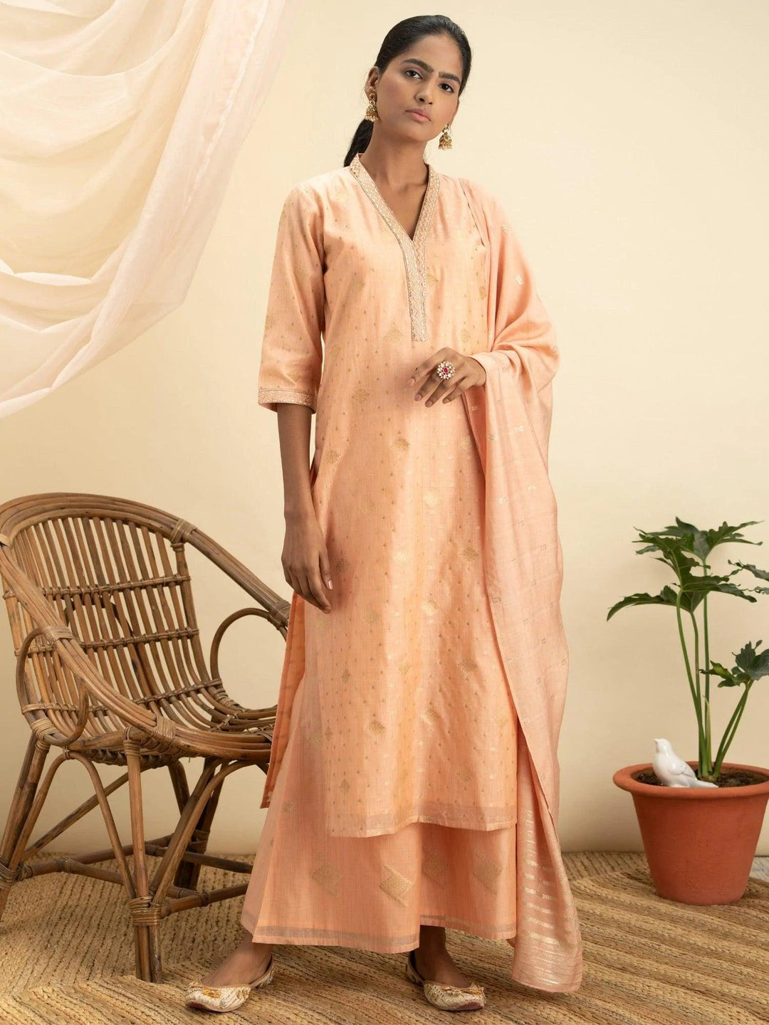 Peach Self Design Chanderi Silk Suit Set - ShopLibas