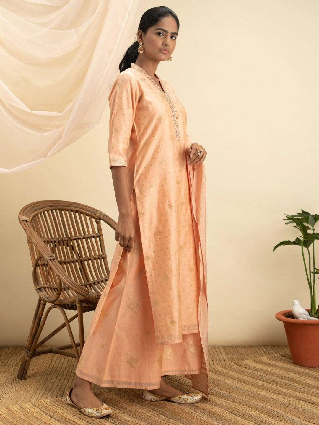 Peach Self Design Chanderi Silk Suit Set - ShopLibas