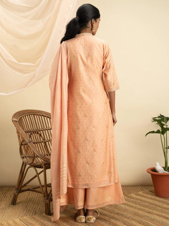 Peach Self Design Chanderi Silk Suit Set - ShopLibas