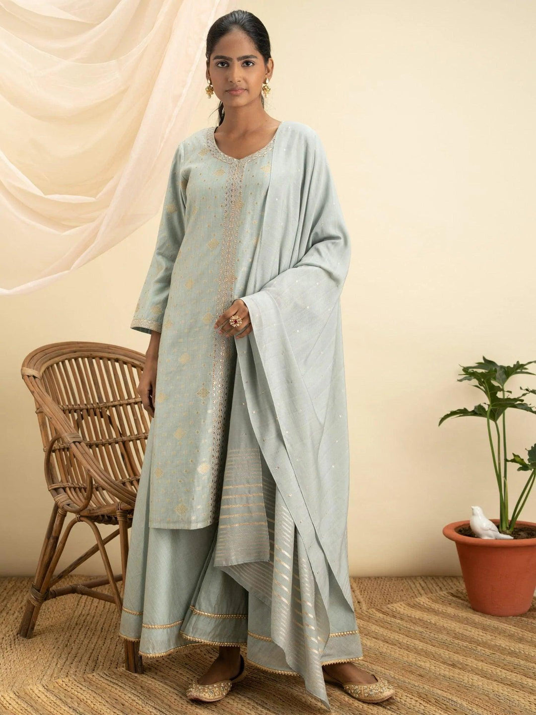 Grey Self Design Chanderi Silk Suit Set - ShopLibas