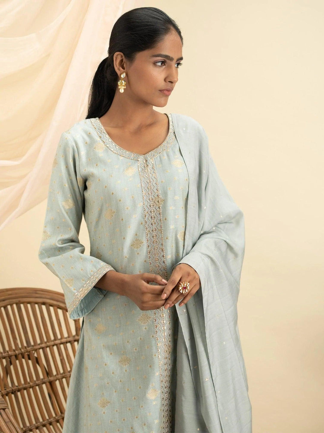 Grey Self Design Chanderi Silk Suit Set - ShopLibas