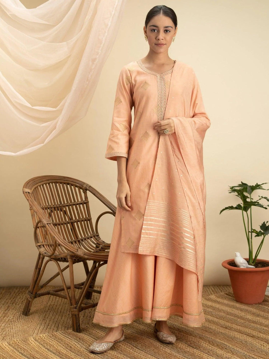 Peach Self Design Silk Suit Set - ShopLibas