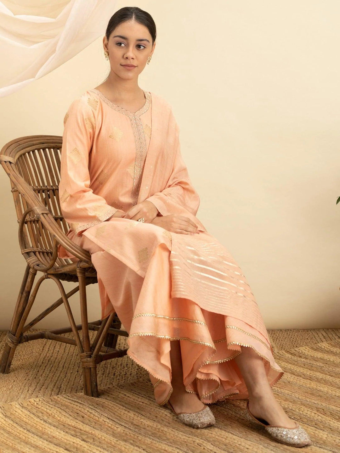 Peach Self Design Silk Suit Set - ShopLibas