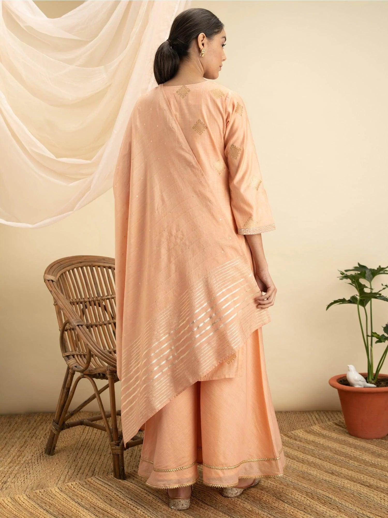 Peach Self Design Silk Suit Set