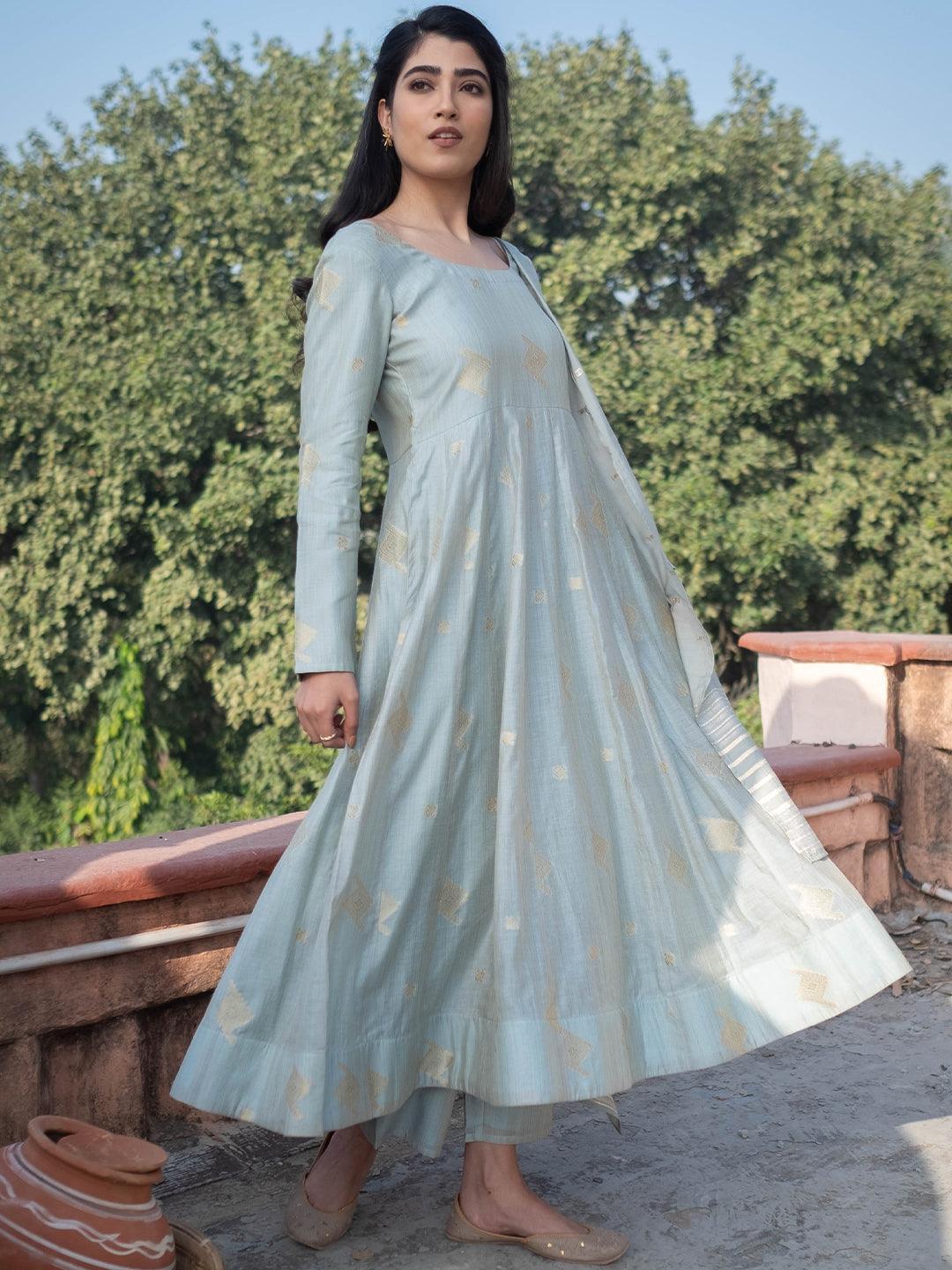 Grey Self Design Chanderi Silk Suit Set