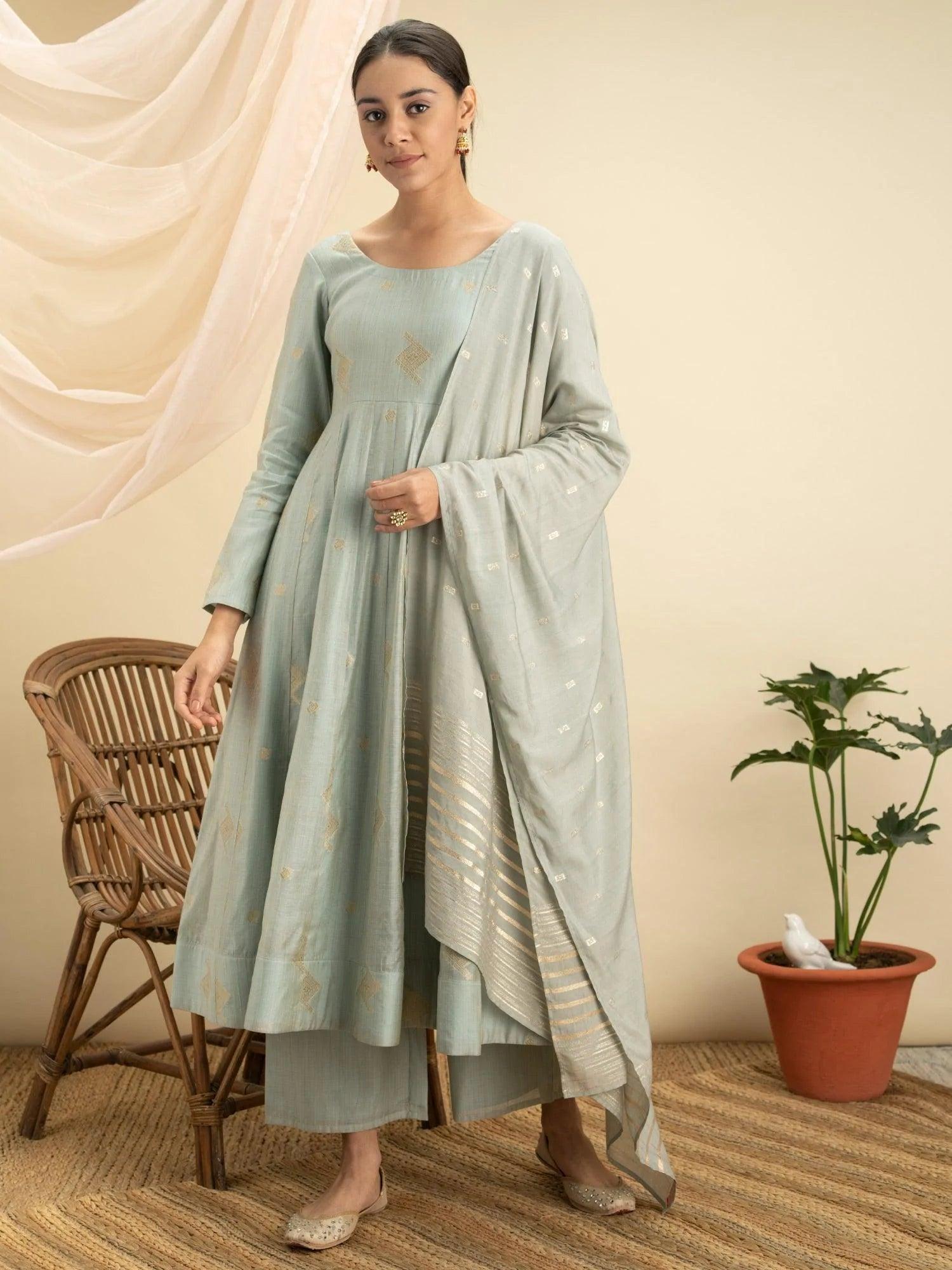 Grey Self Design Chanderi Silk Suit Set