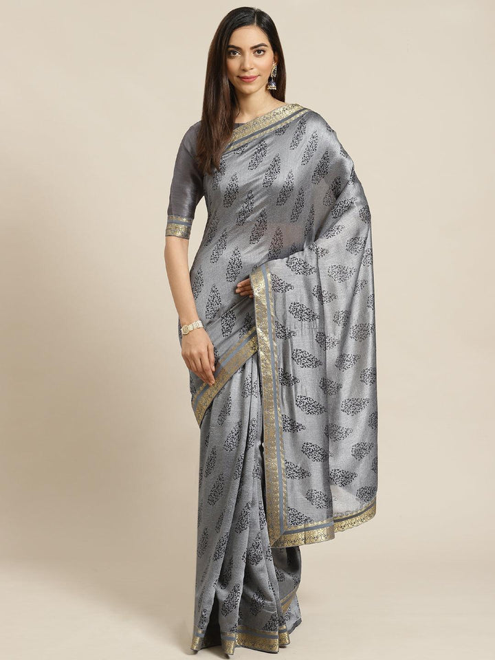 Grey Printed Silk Blend Saree - ShopLibas