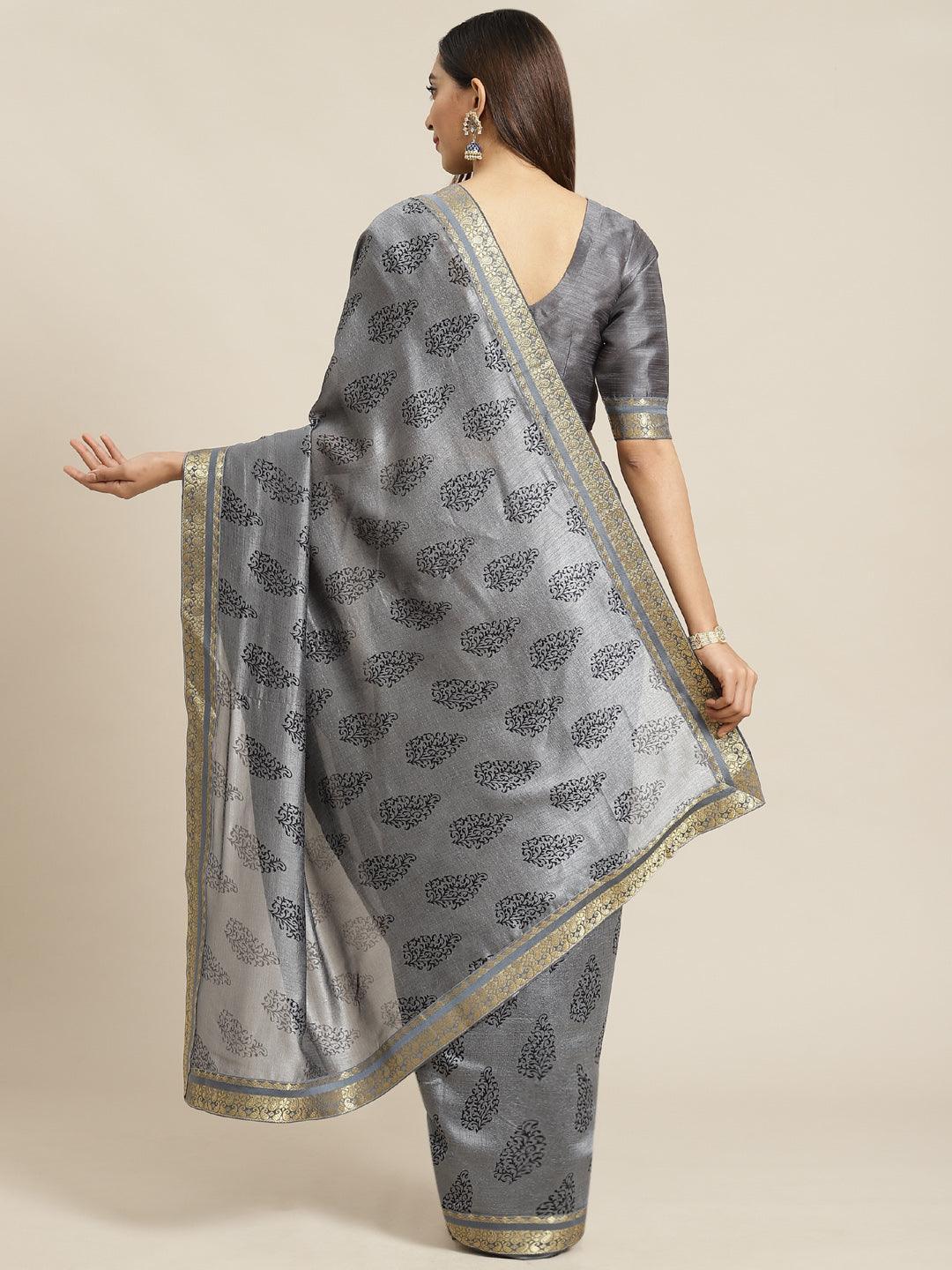 Grey Printed Silk Blend Saree