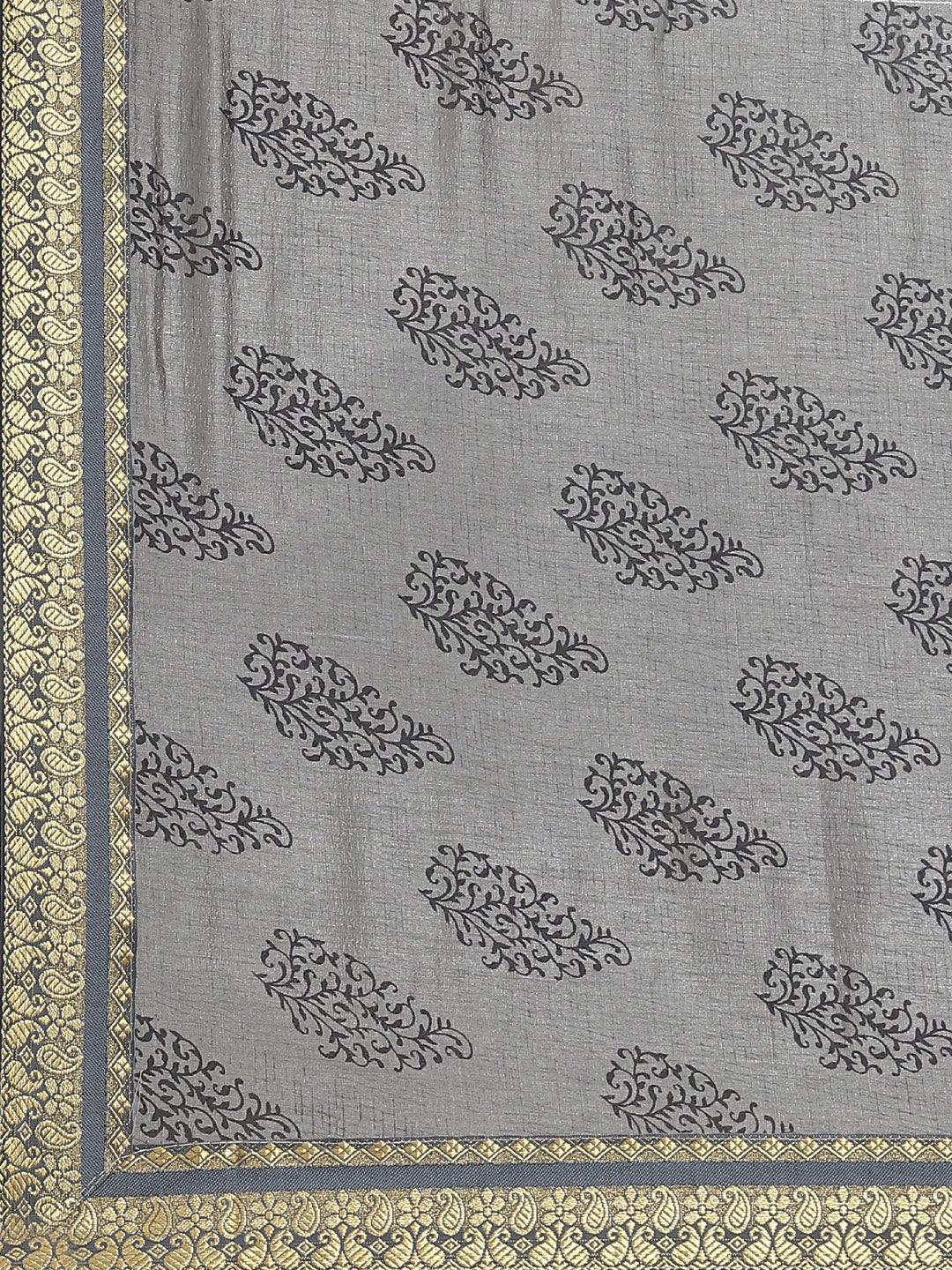 Grey Printed Silk Blend Saree - ShopLibas