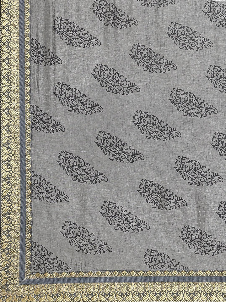 Grey Printed Silk Blend Saree - ShopLibas