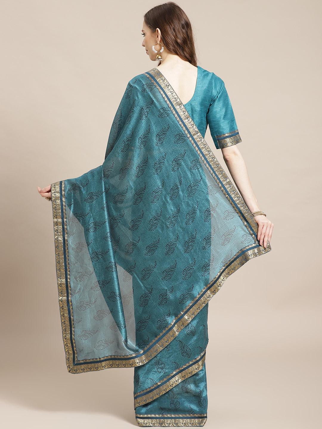 Blue Printed Silk Blend Saree - ShopLibas