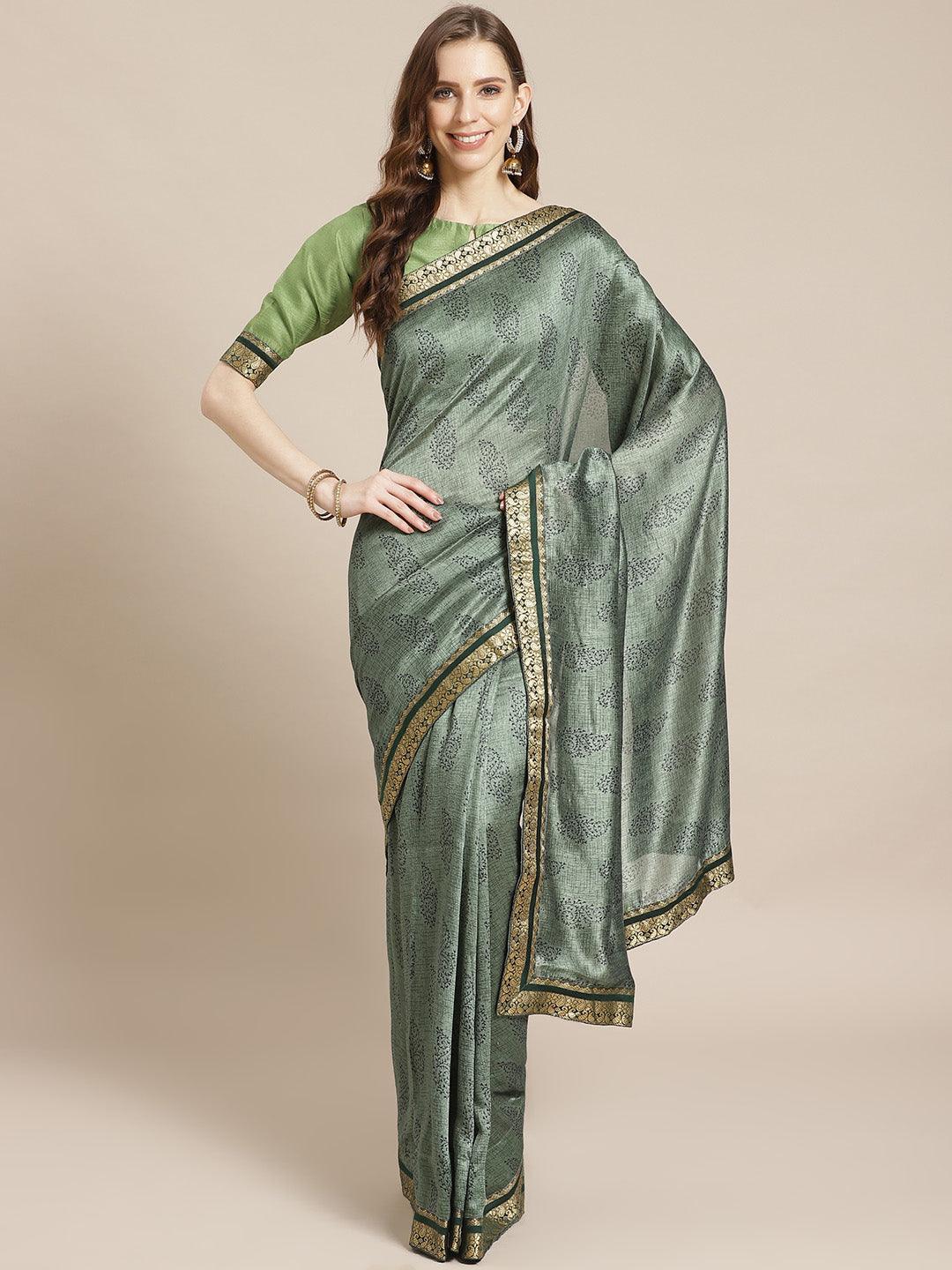 Green Printed Silk Blend Saree