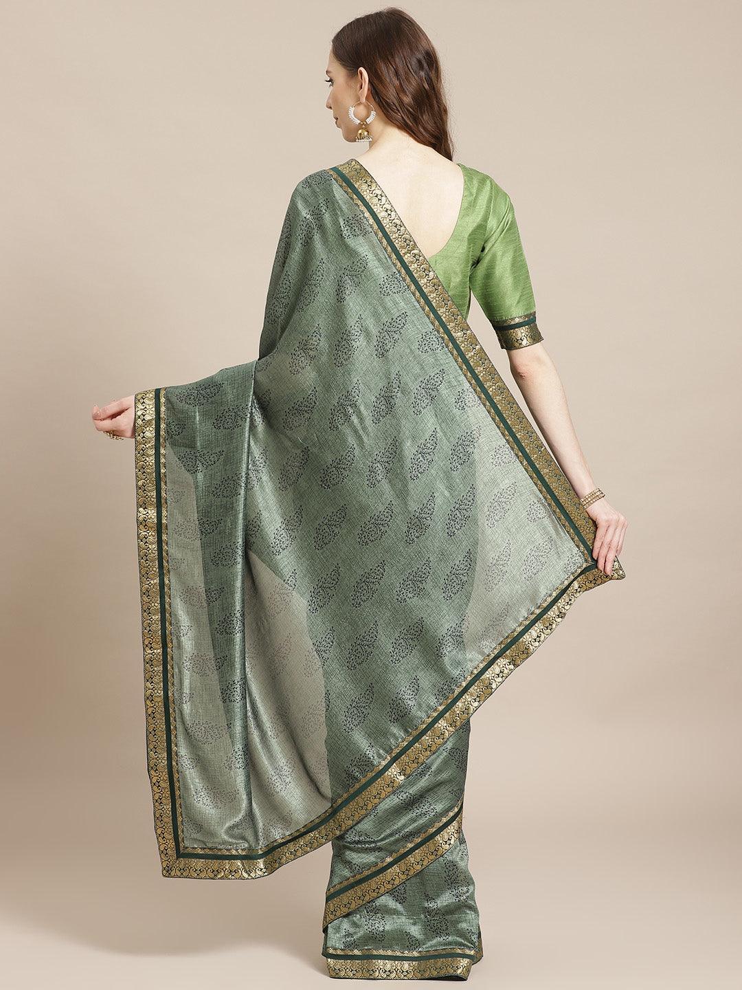 Green Printed Silk Blend Saree