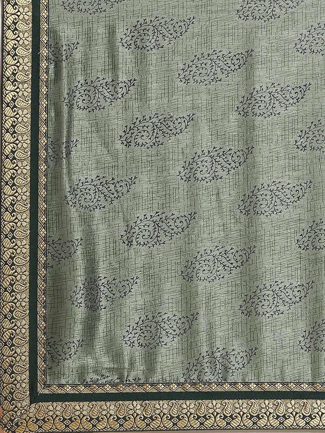 Green Printed Silk Blend Saree - ShopLibas