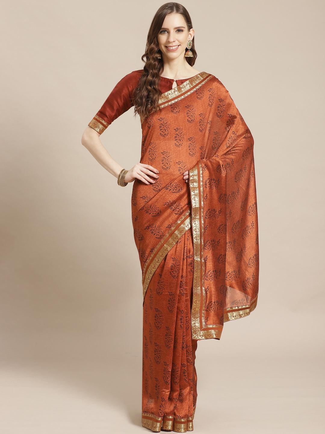 Brown Printed Silk Blend Saree