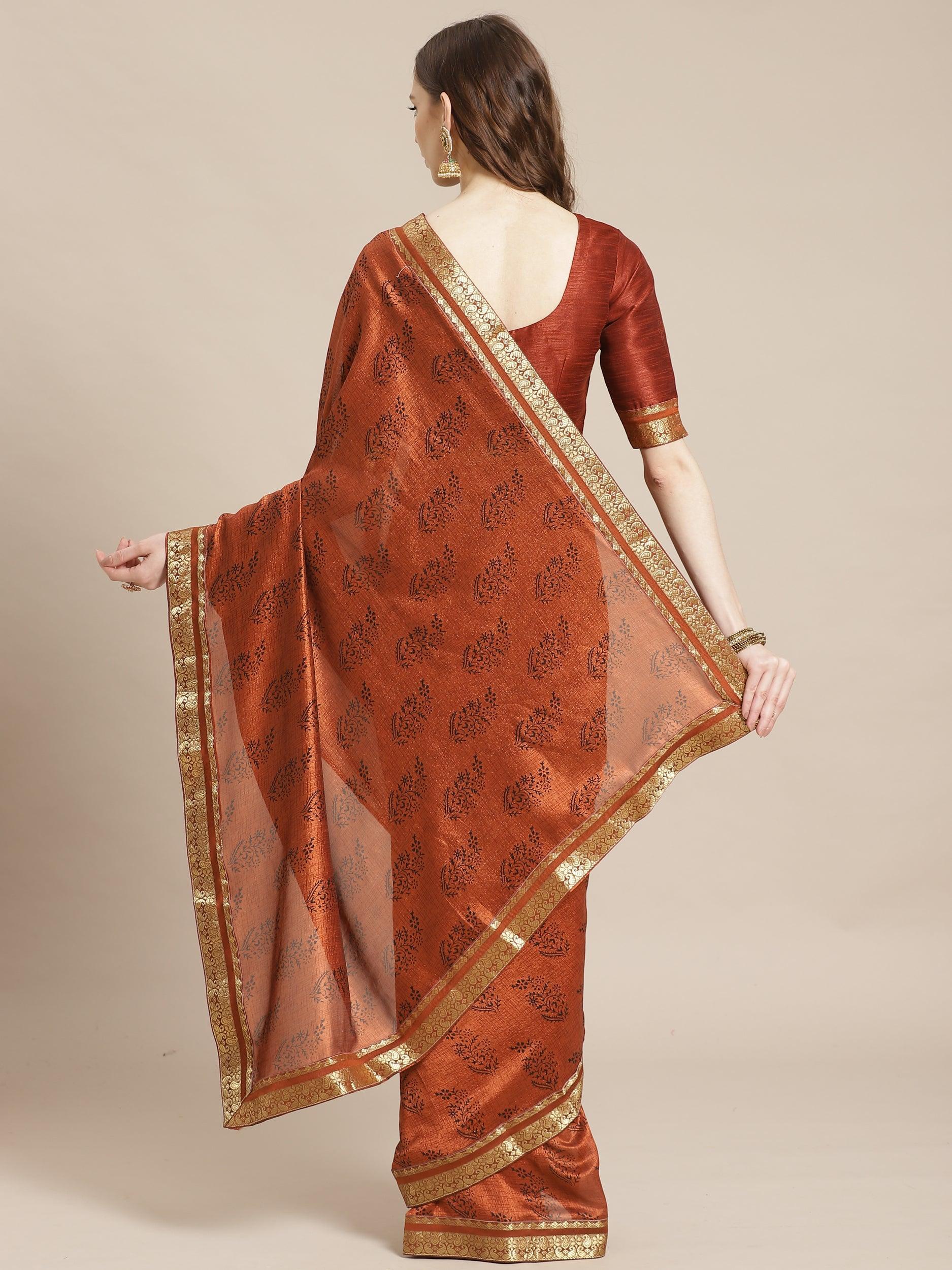 Brown Printed Silk Blend Saree