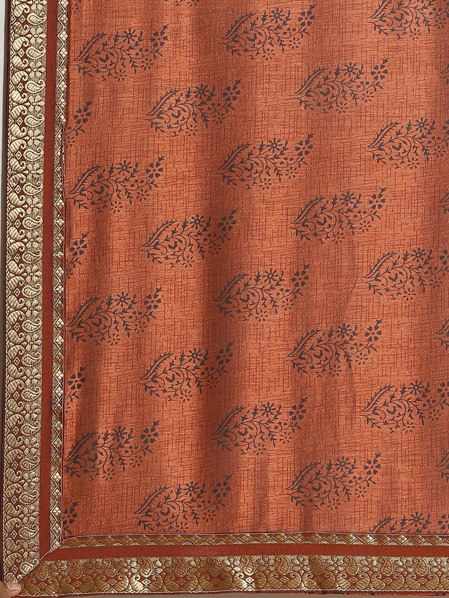 Brown Printed Silk Blend Saree