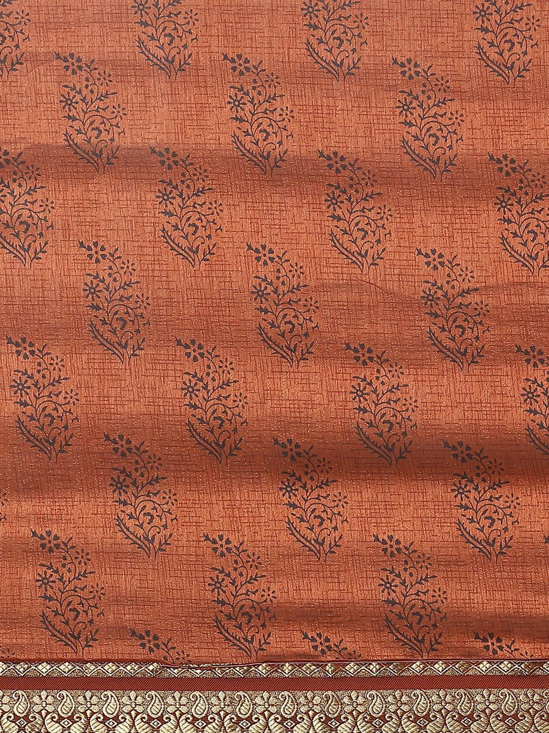 Brown Printed Silk Blend Saree - ShopLibas