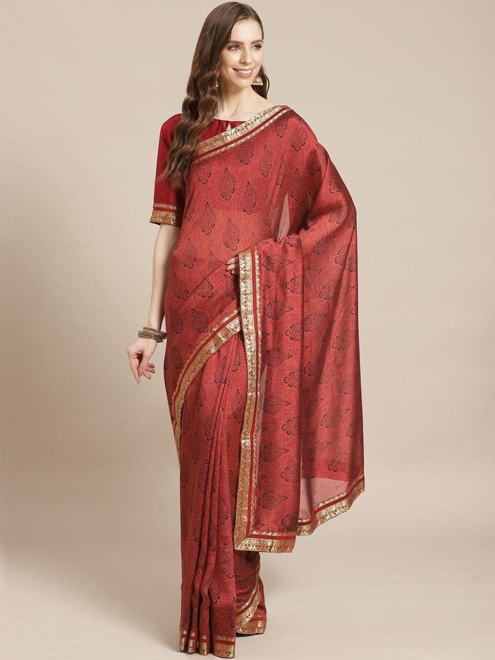 Maroon Printed Silk Blend Saree - ShopLibas