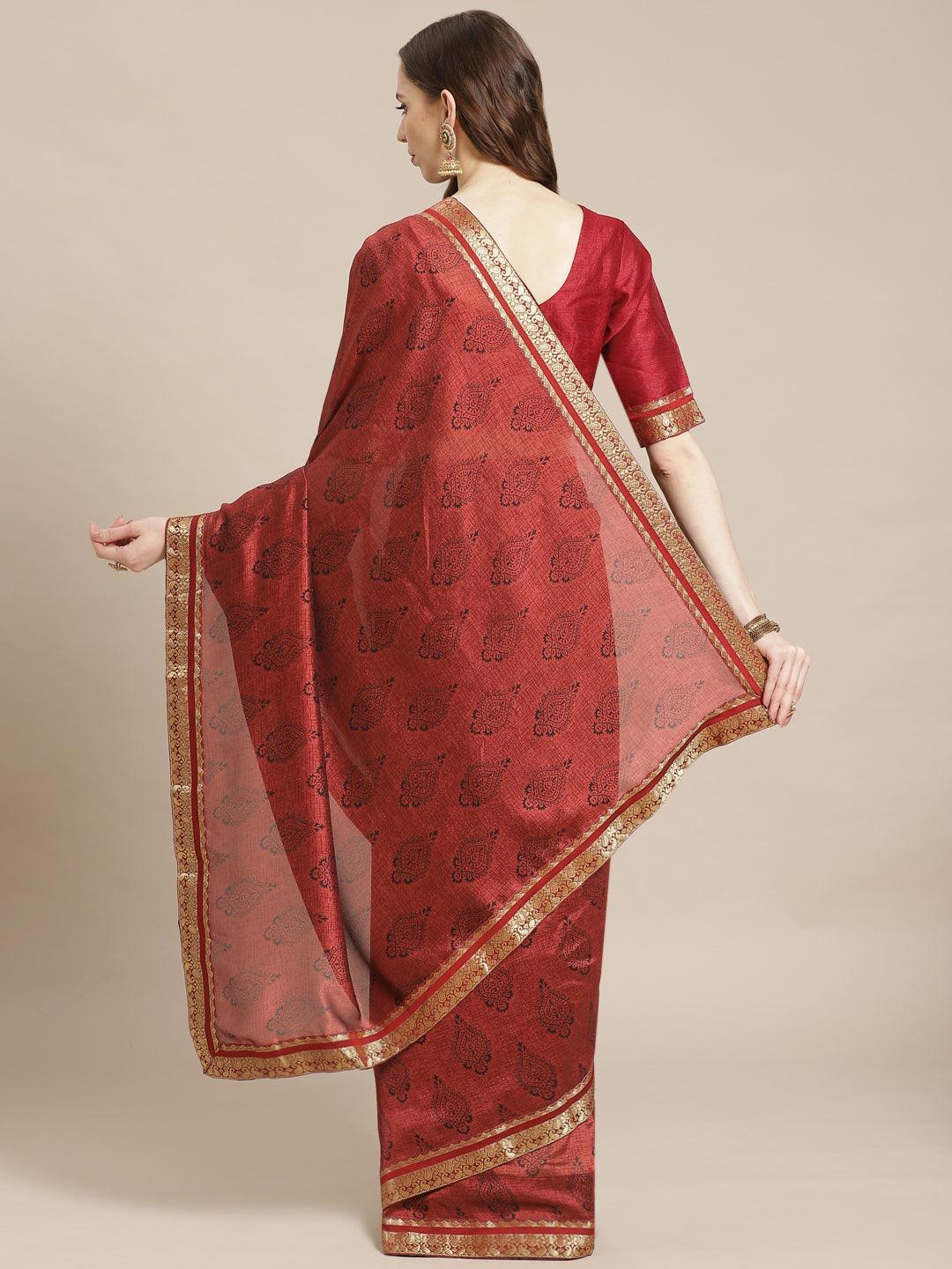 Maroon Printed Silk Blend Saree - ShopLibas