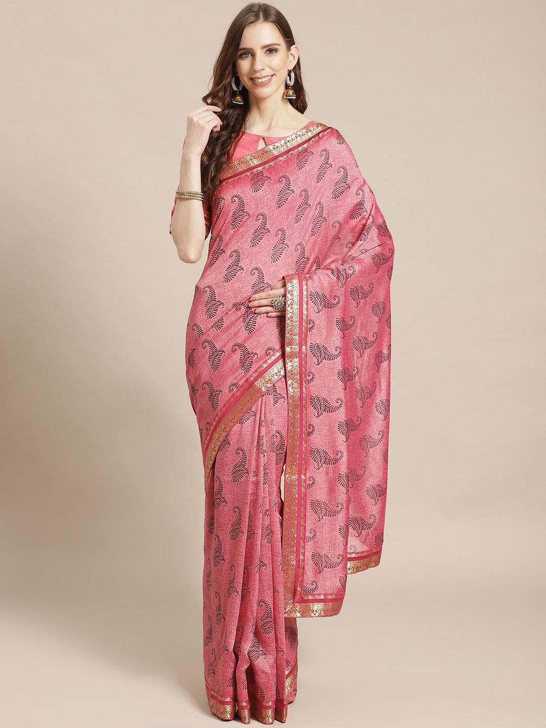 Pink Printed Silk Blend Saree