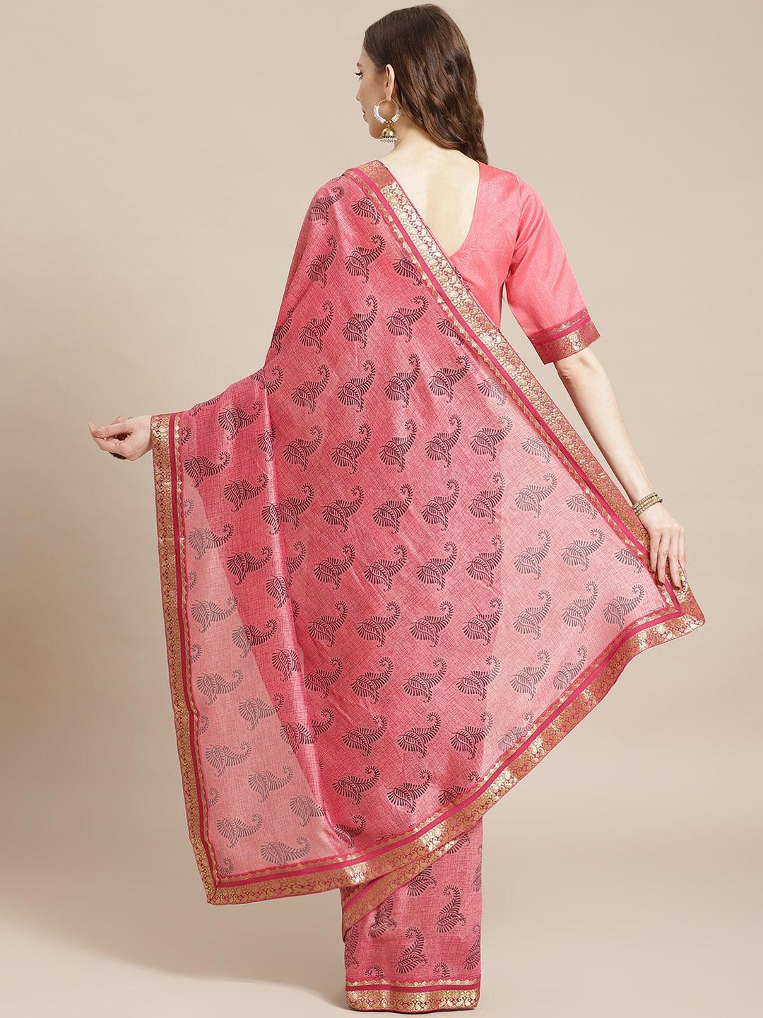 Pink Printed Silk Blend Saree