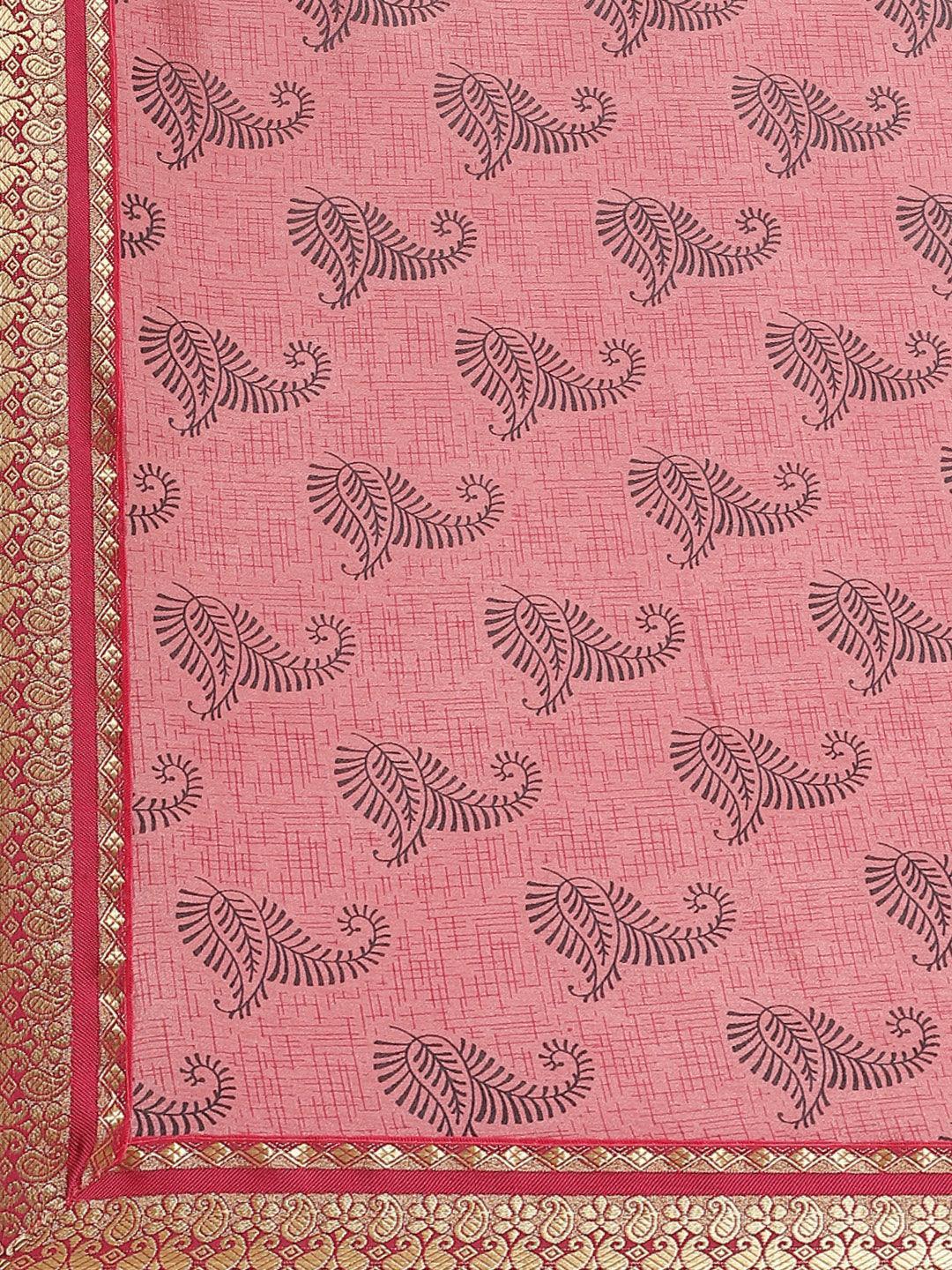 Pink Printed Silk Blend Saree