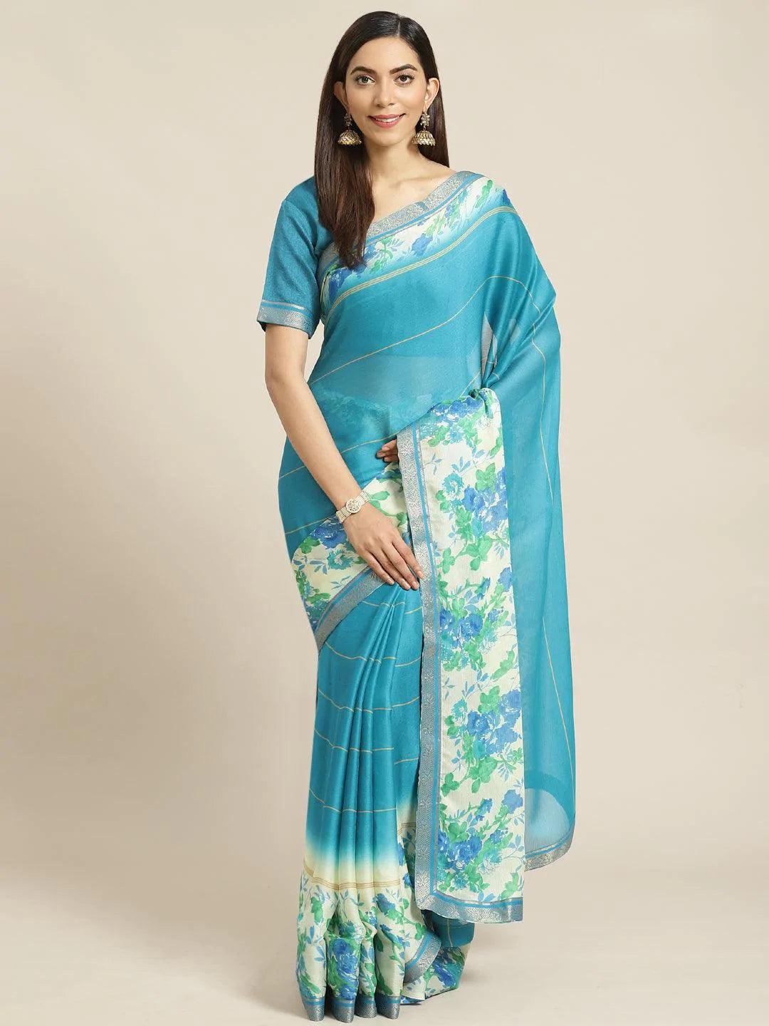 Blue Printed Chiffon Saree