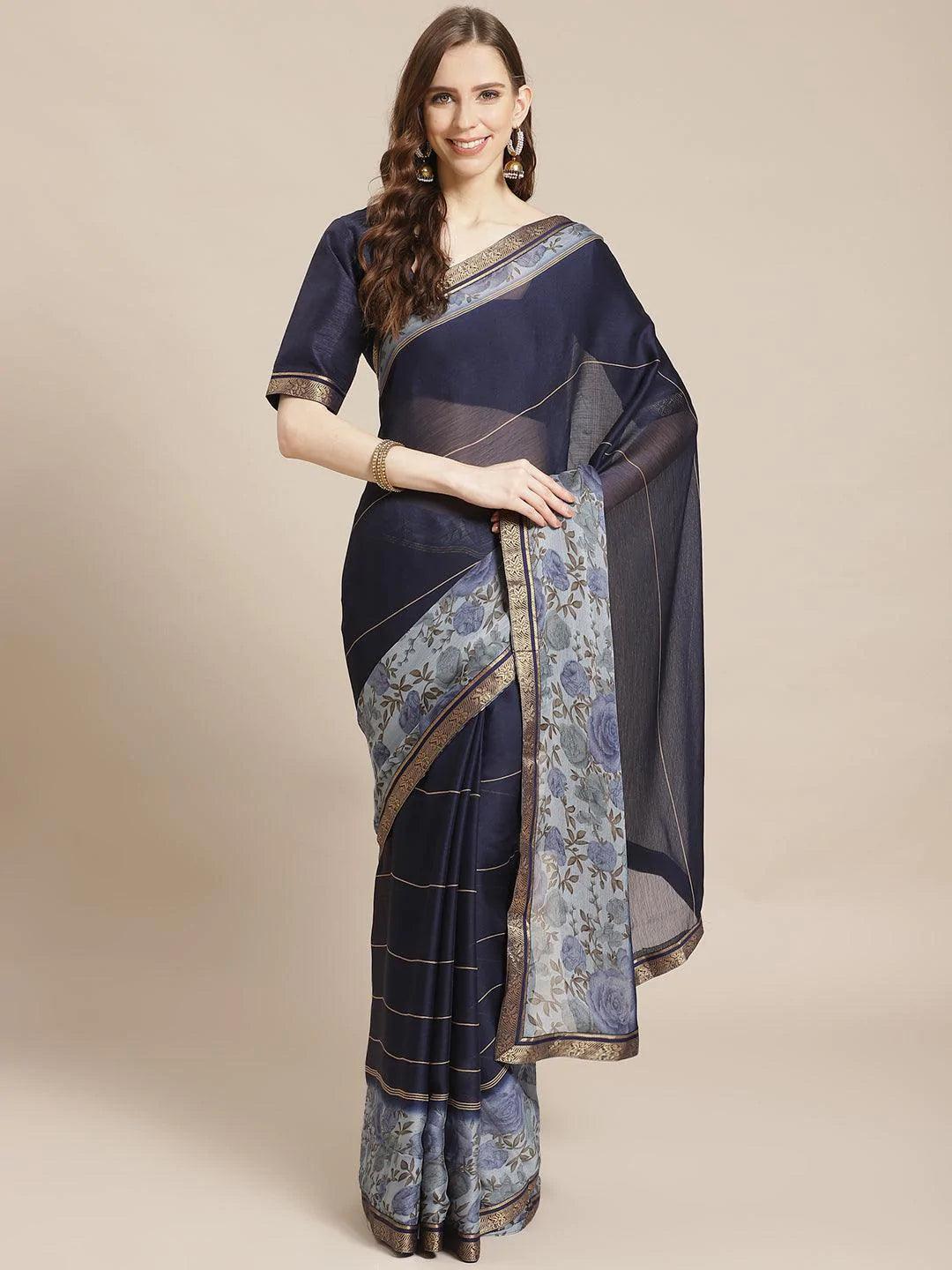 Blue Printed Chiffon Saree