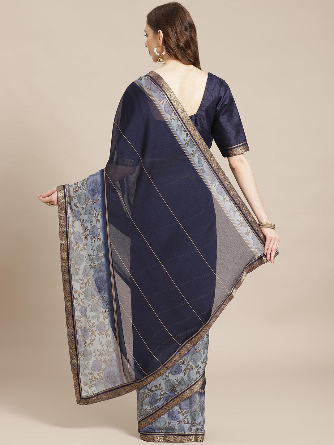 Blue Printed Chiffon Saree