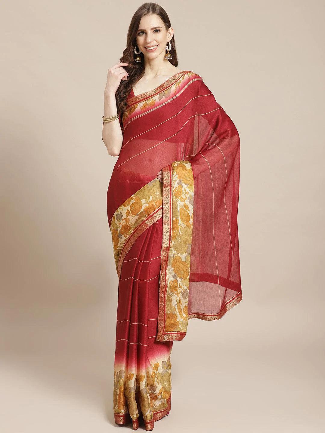 Maroon Printed Chiffon Saree