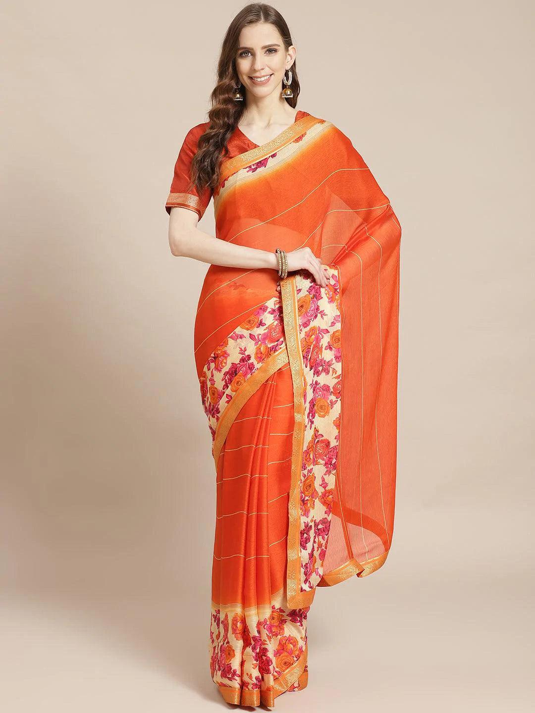 Orange Printed Chiffon Saree