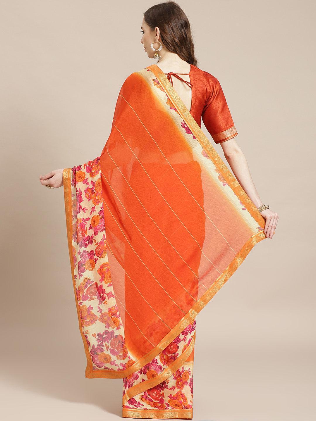 Orange Printed Chiffon Saree