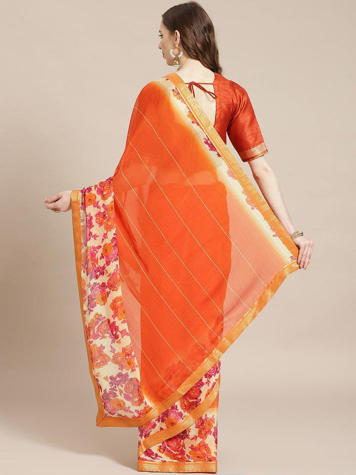 Orange Printed Chiffon Saree - ShopLibas