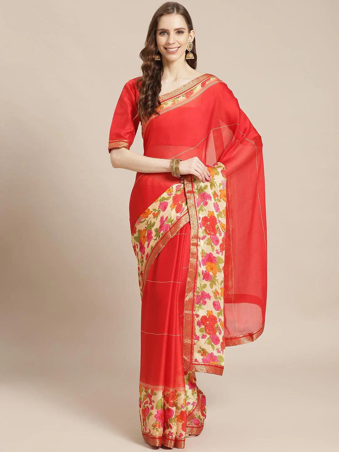 Red Printed Chiffon Saree