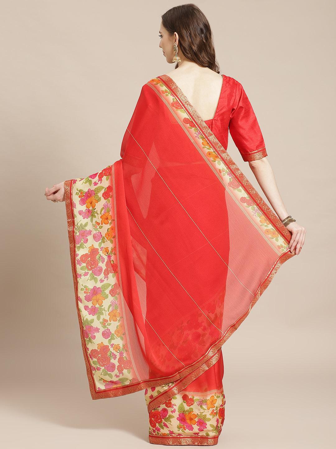 Red Printed Chiffon Saree