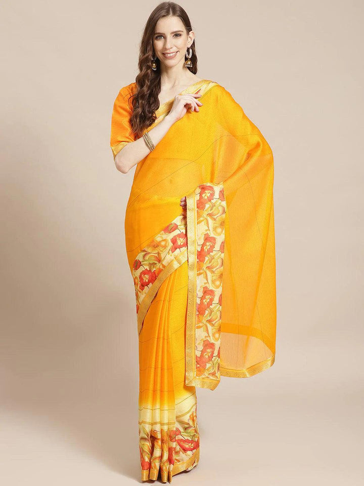 Yellow Printed Chiffon Saree - ShopLibas