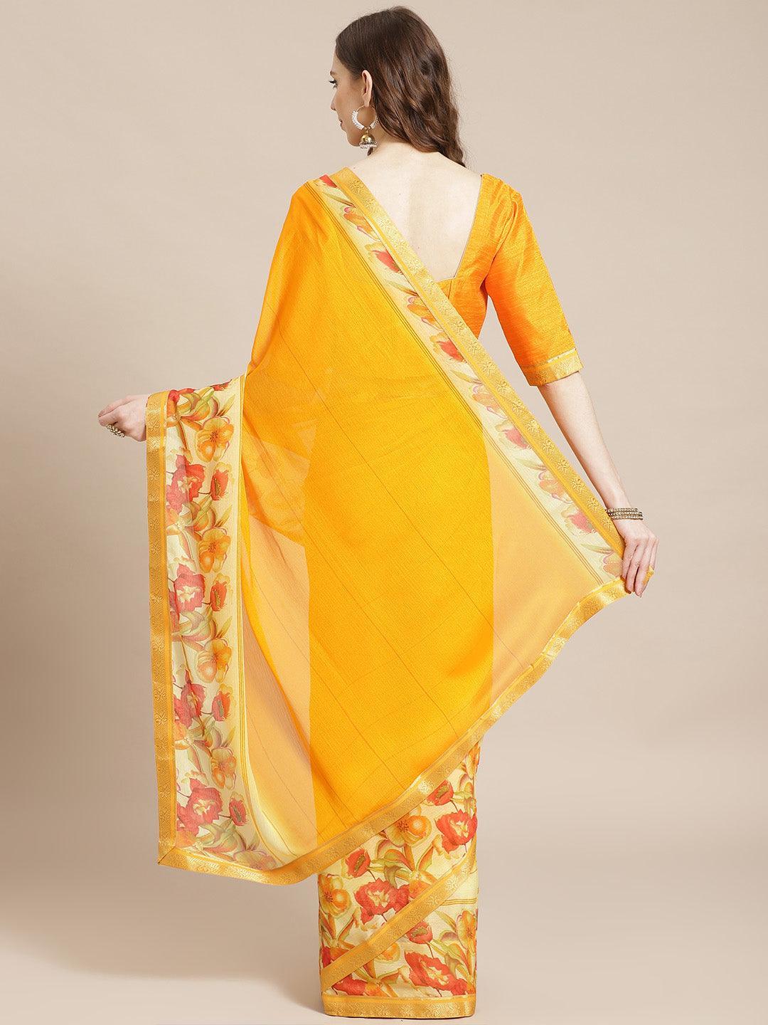 Yellow Printed Chiffon Saree - ShopLibas