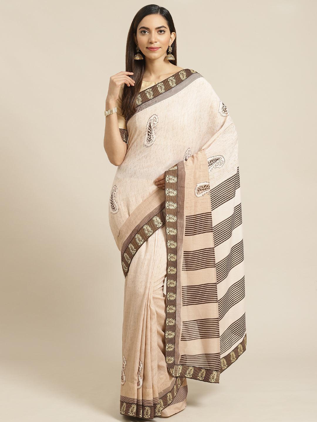 Beige Striped Chiffon Saree - ShopLibas