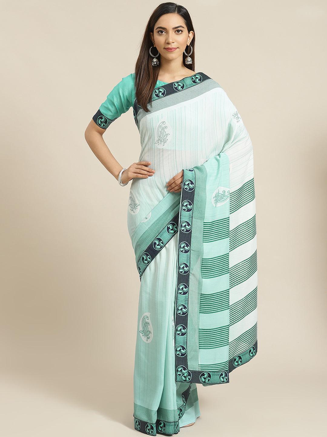 Sea Green Striped Chiffon Saree