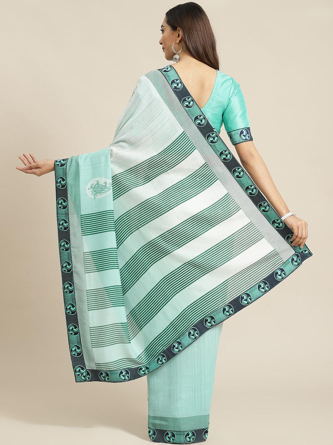 Sea Green Striped Chiffon Saree - ShopLibas