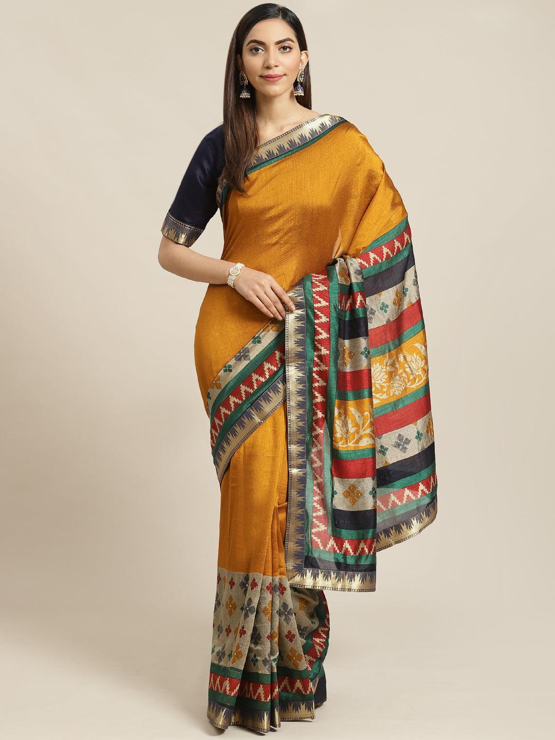 Yellow Printed Polyester Saree